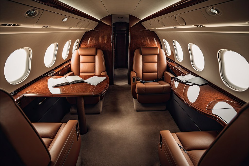 Opulent private jet interior leather seating — Feathers Aviation charter flights Austin Texas